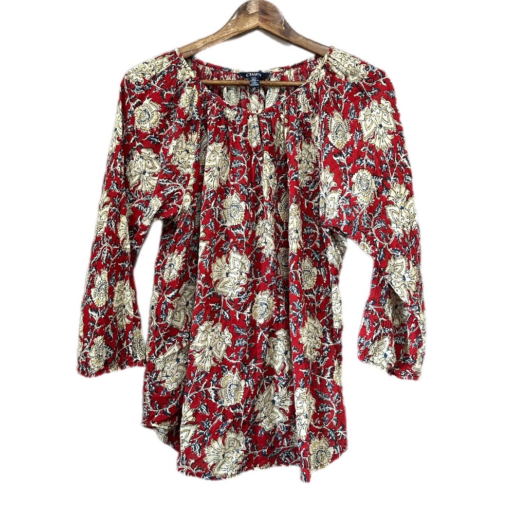 Chaps Red Floral‎ Print Tunic Top Blouse Women's L/G Long Sleeve Button Neck